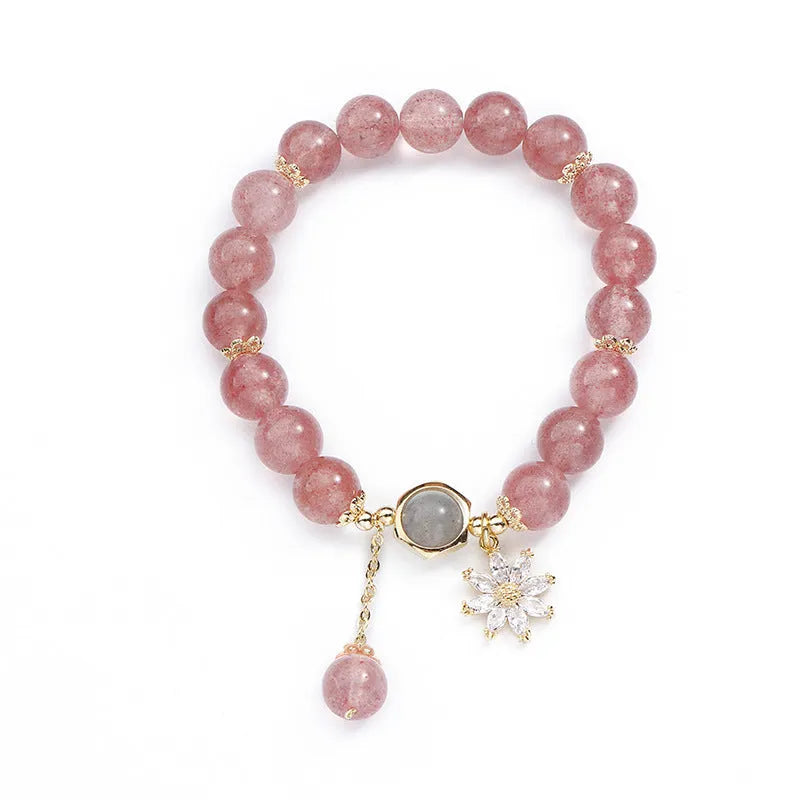 Strawberry quartz crystal bracelet with electroplated floral elements in Mori style