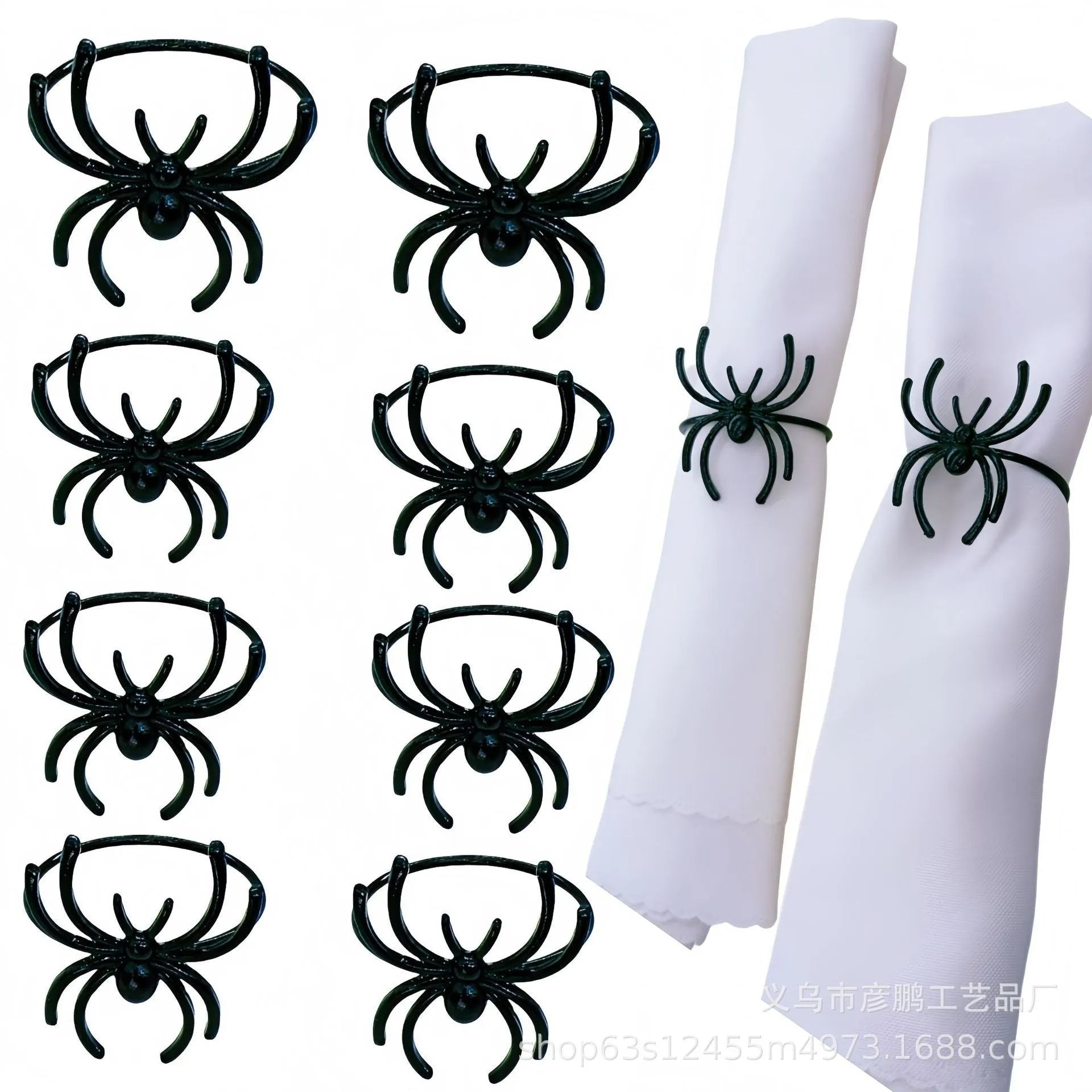 Six black spider Halloween napkin rings made from alloy metal with electrophoresis finish