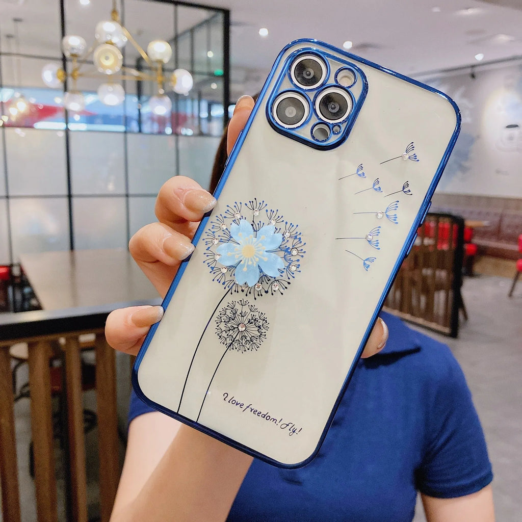 Green iPhone case with 3D flower spin stand and built-in screen protector shown on iPhone 13
