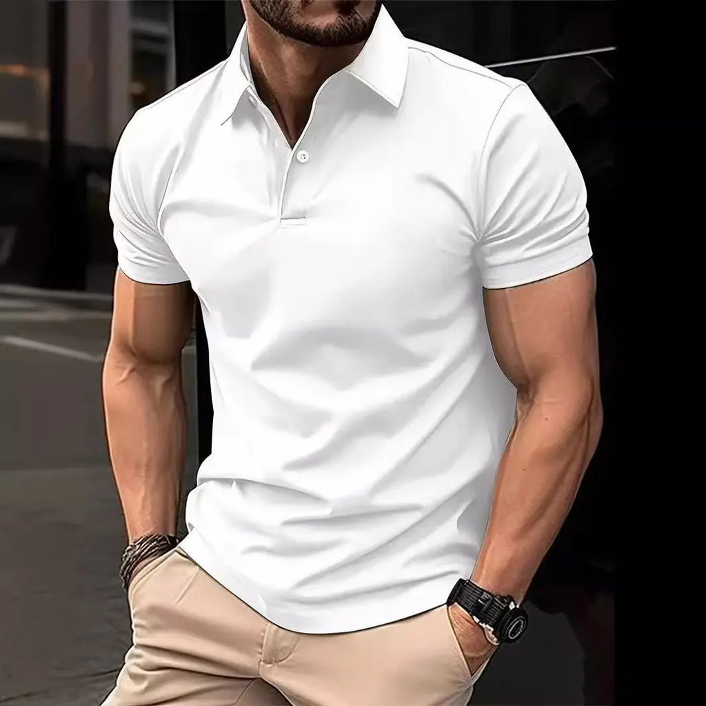 Men's slim fit short sleeve button shirt in a solid colour on a hanger.