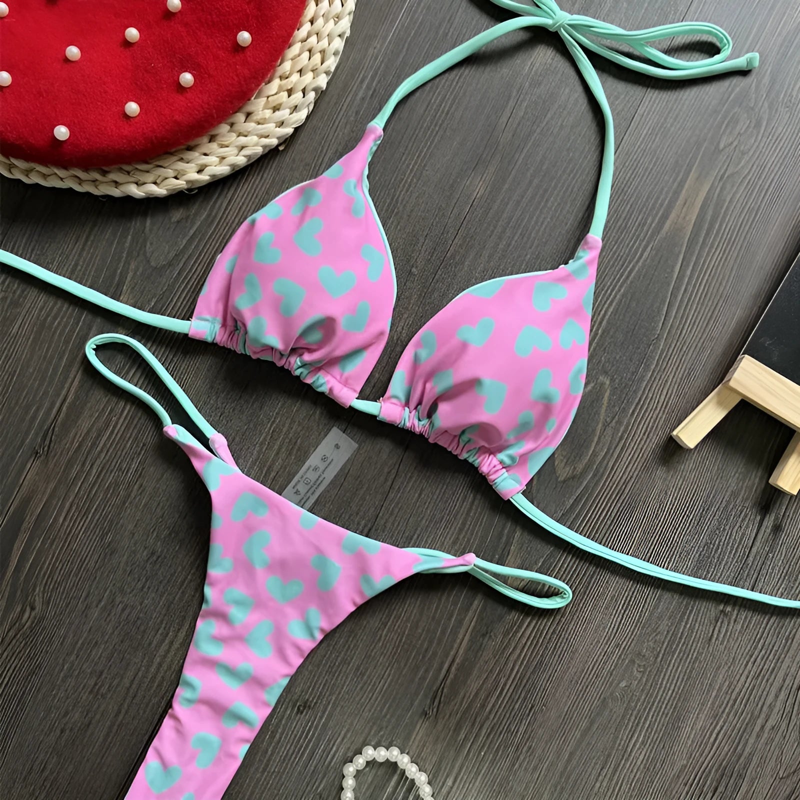 Women's heart print backless swimsuit with cotton lining in European and American style