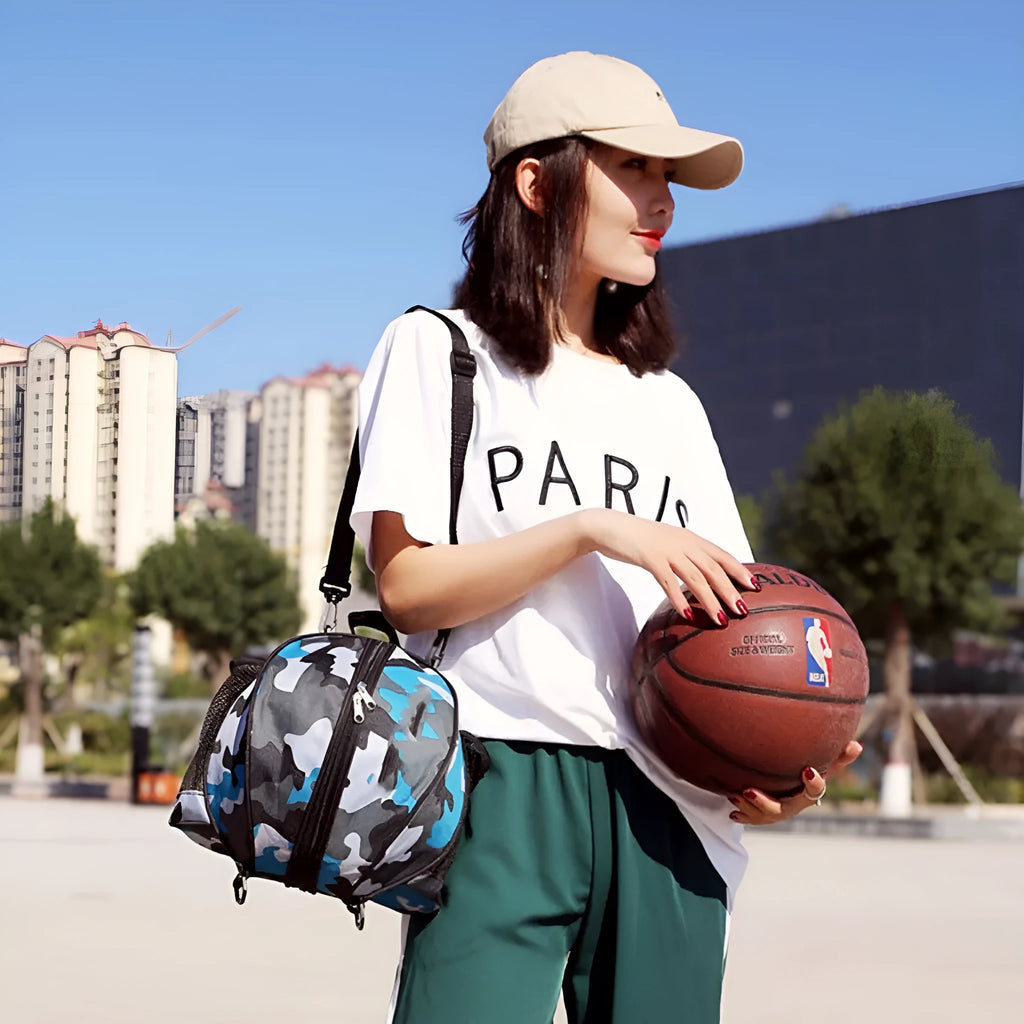 Oxford cloth basketball training bag with shoulder straps showing 9 litre capacity