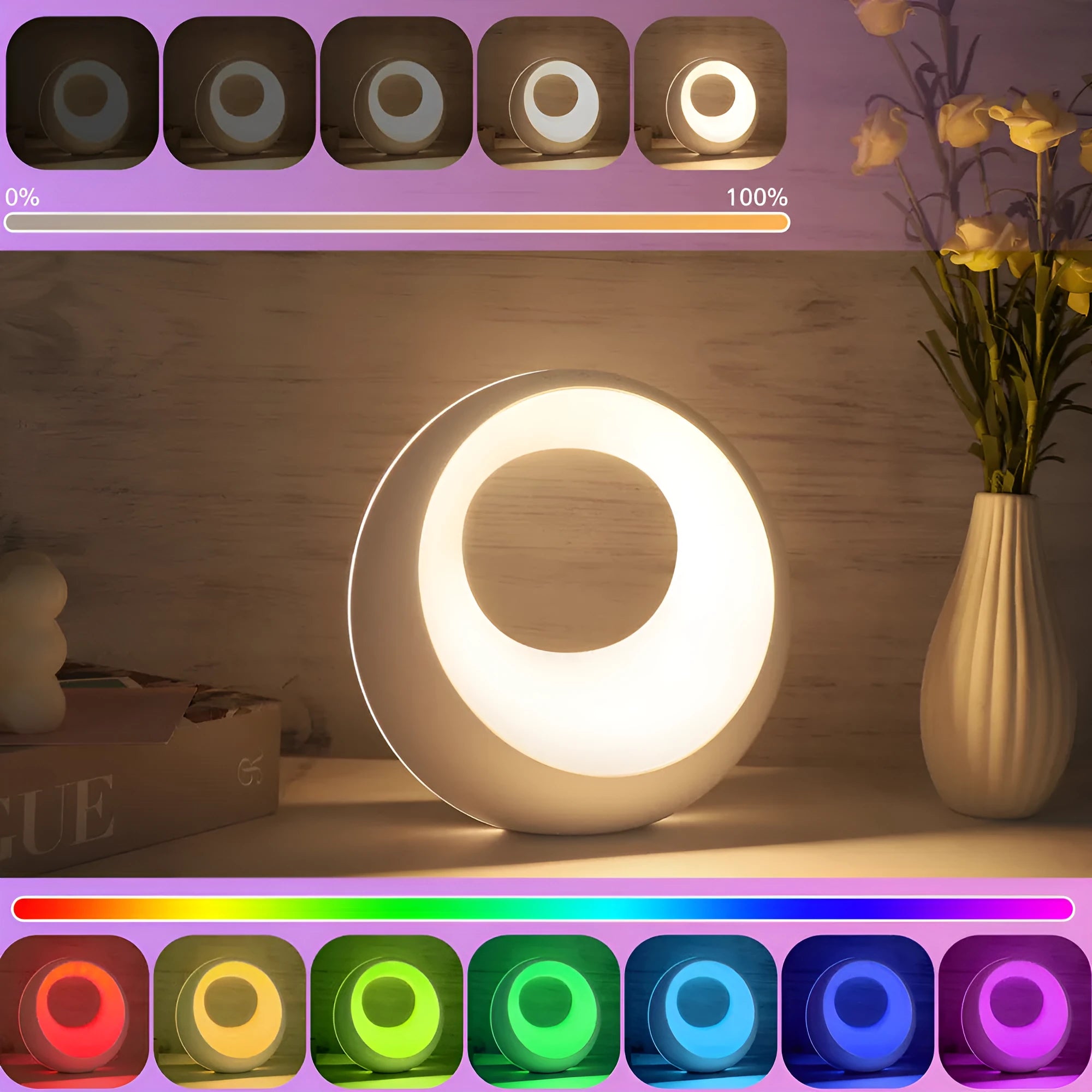 Small white RGB colour changing desk lamp with remote control on wooden surface
