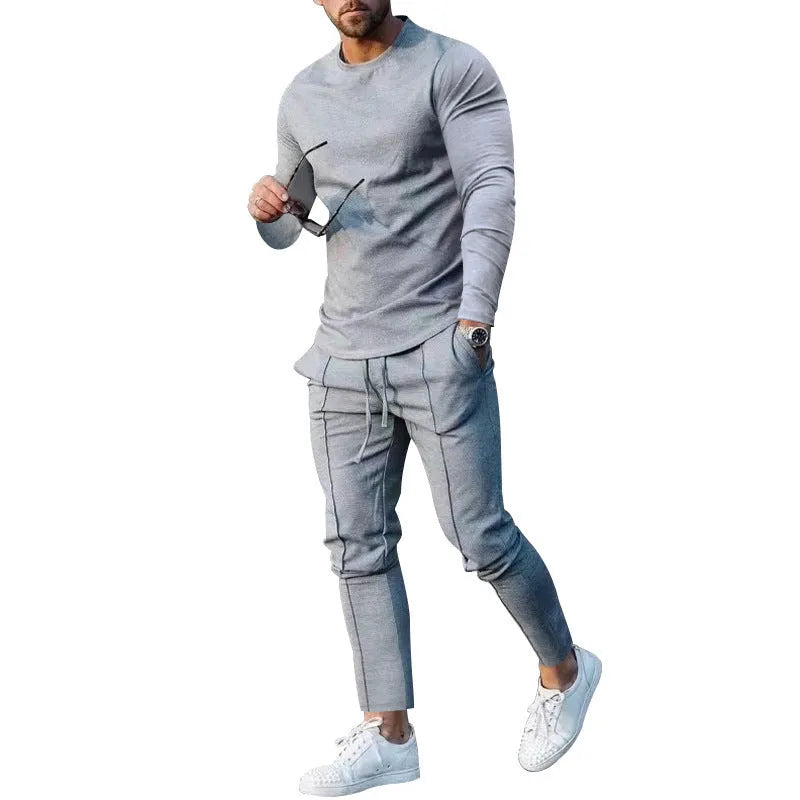 Men's light grey polyester two-piece casual suit with round neck long sleeve T-shirt and trousers