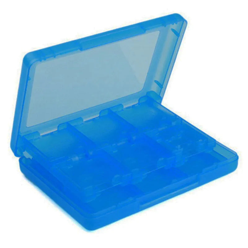 NDS 3DS 24-game card storage box in black blue pink white colours showing game cartridge capacity