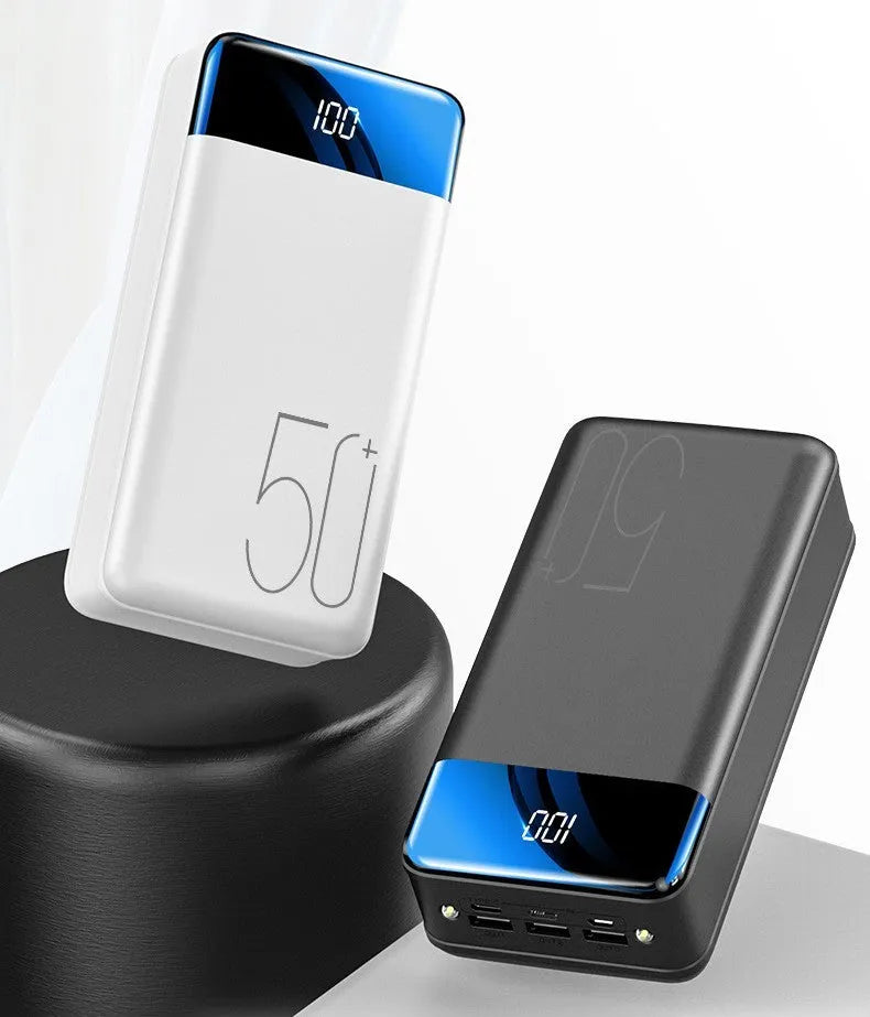 Large black 50000mAh power bank with three USB output ports showing dimensions 169x83x52mm