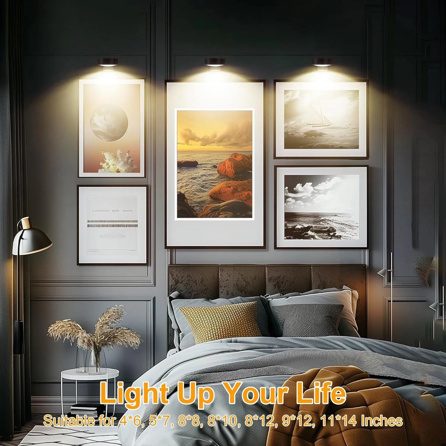 Wireless magnetic LED painting light in black, mounted on wall with remote control.