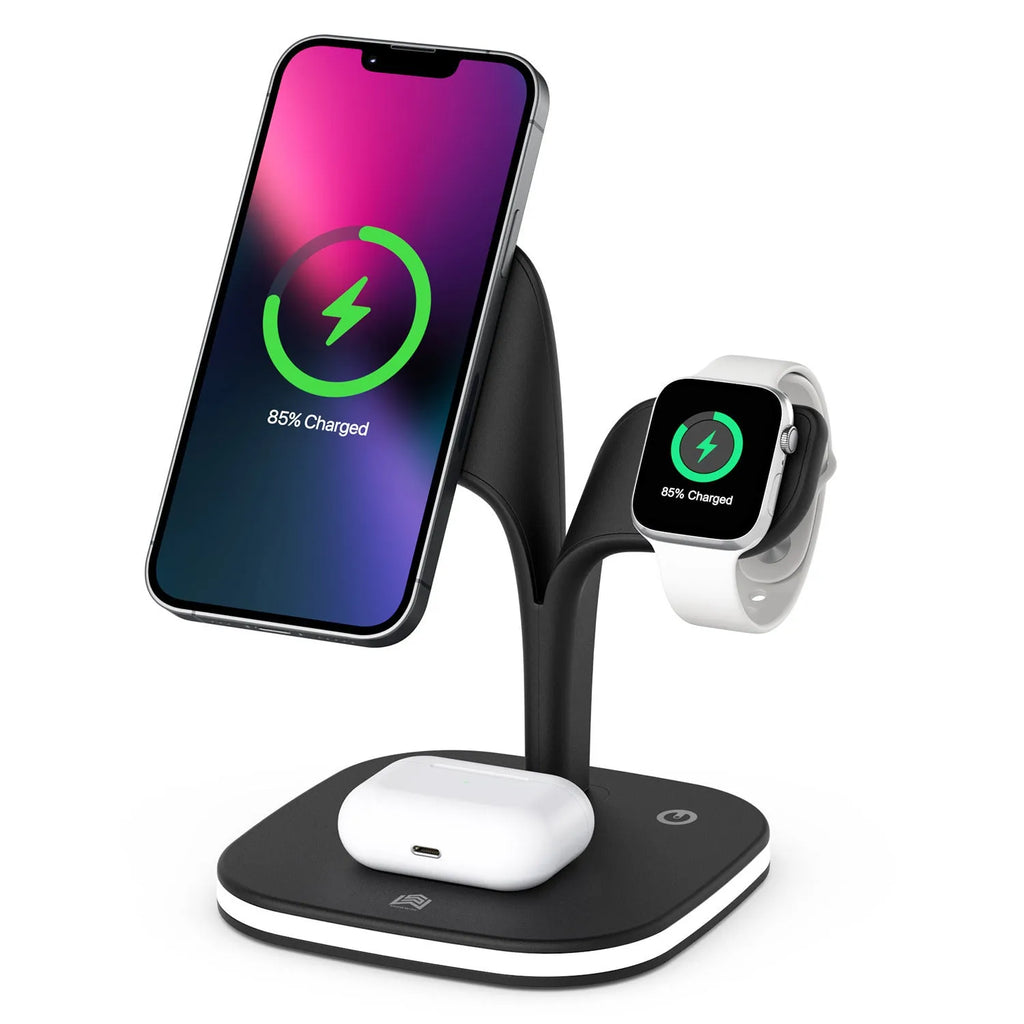 Black wireless charging stand for phone, watch, and headphones on desk with USB cable