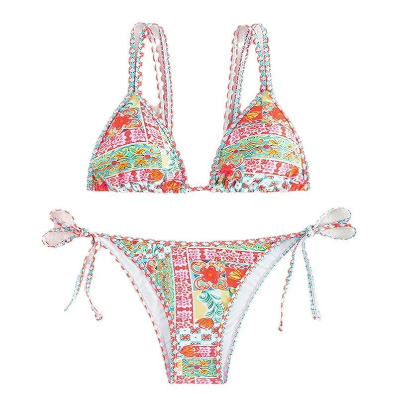 Women's lace-up front split briefs swimsuit bikini set in picture colour.