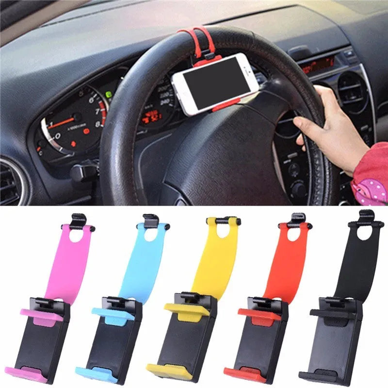 Black steering wheel phone holder with silicone pad for smartphone protection measuring 75x40x25mm