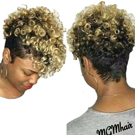 Women's short synthetic wig in a simple rolls style, shown in one of four colours: Black, Brown, Gold, or Gray.