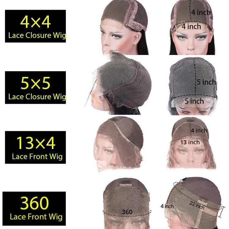 Real human hair lace headgear wig for women with 4x4 lace frontal on a display stand.
