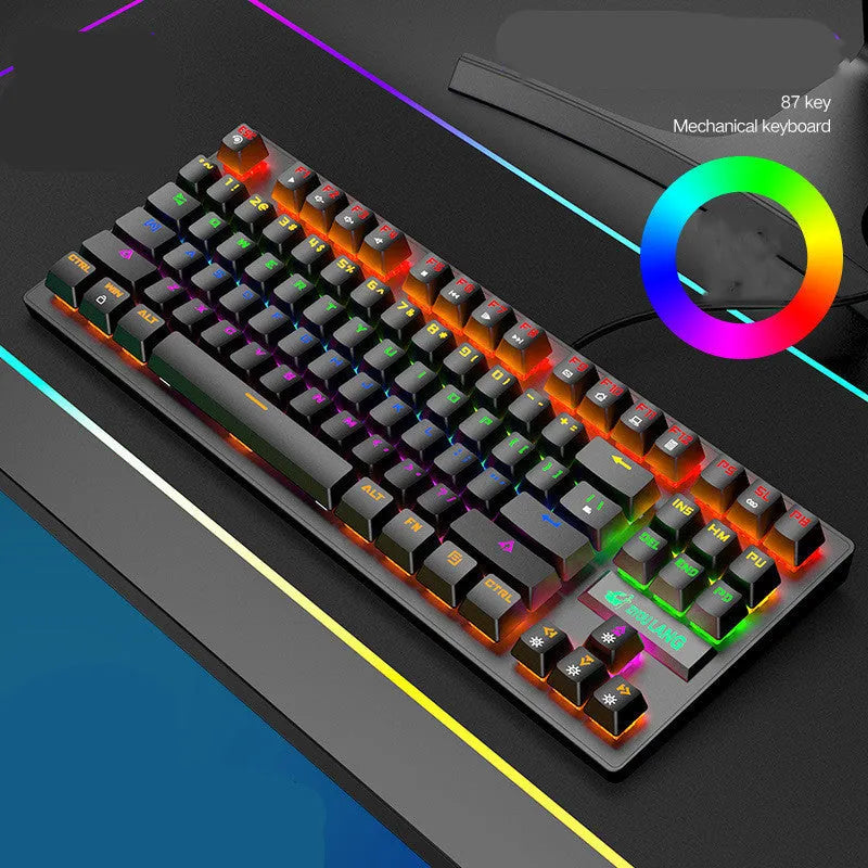 Gaming mechanical keyboard in black, white, blue, or pink colour with ABS housing and simple design.