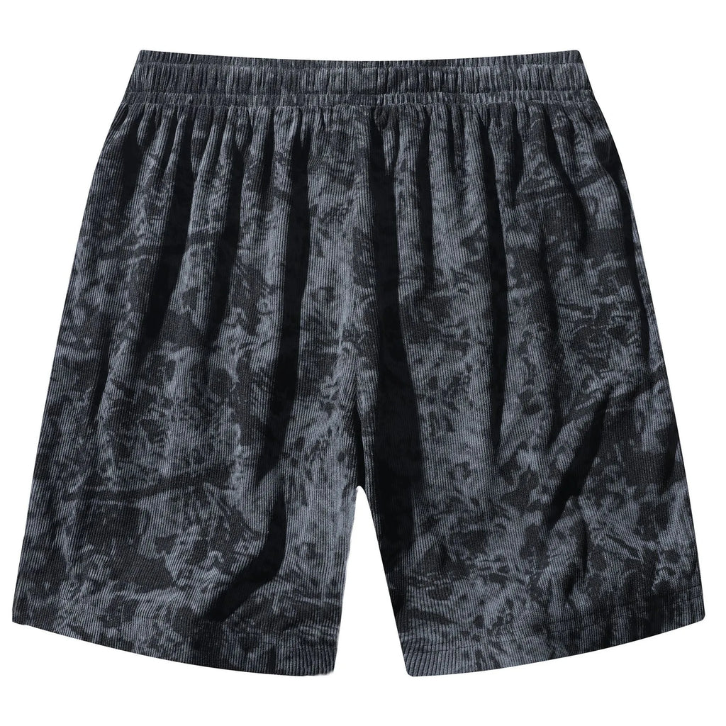 Men's grey camouflage print corduroy athletic shorts with a high waist and straight leg