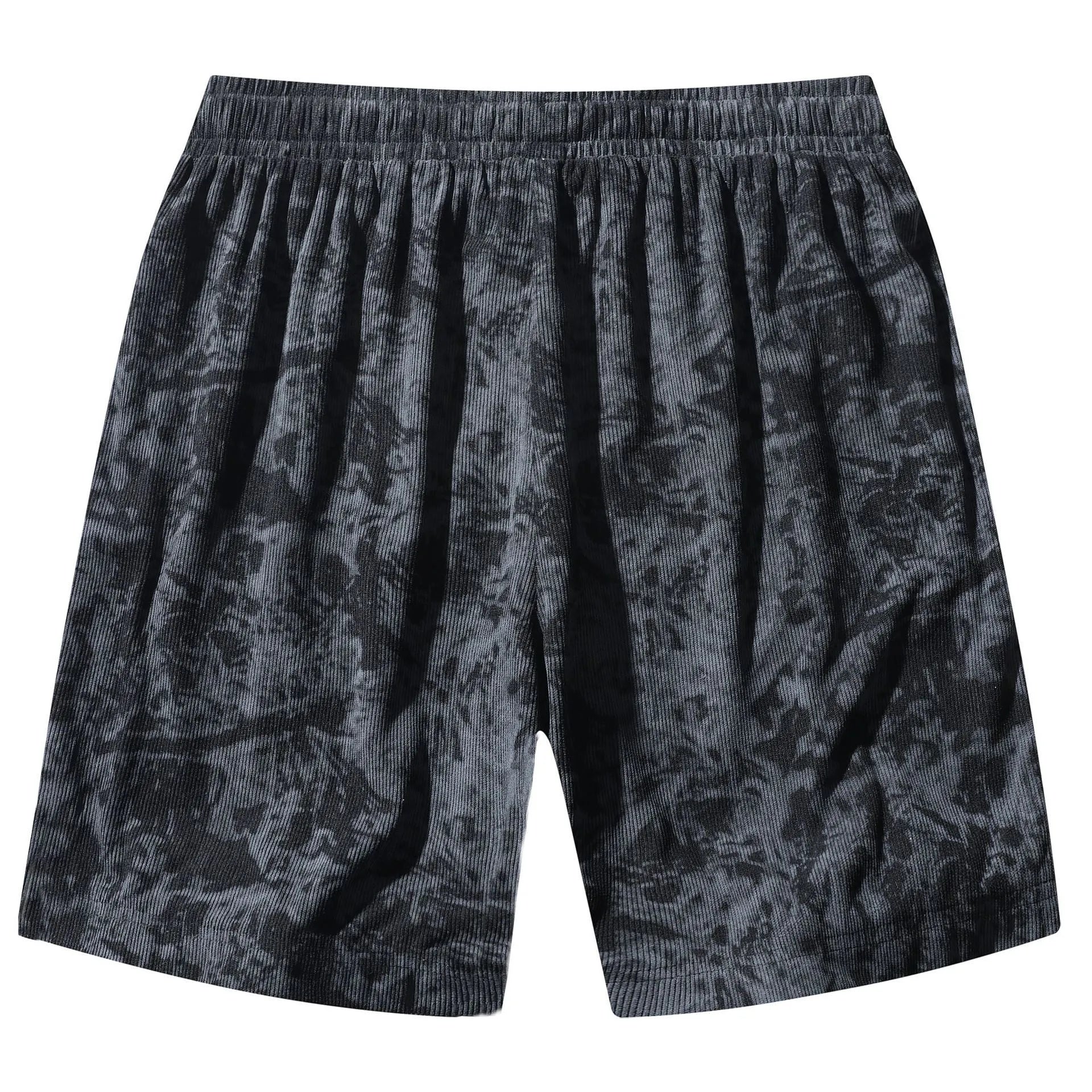 Men's grey camouflage print corduroy athletic shorts with a high waist and straight leg