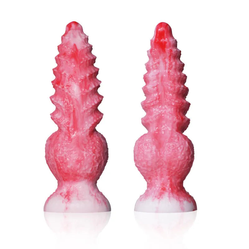 Pink platinum silicone shaped penis masturbation device for adults on a neutral background.