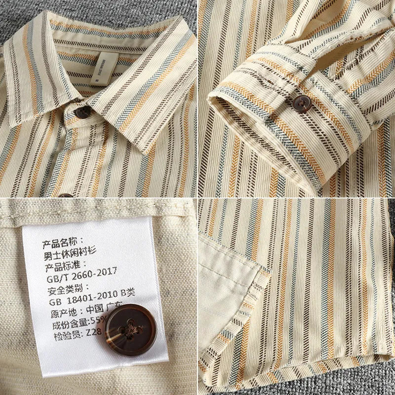 Men's vintage yarn-dyed striped casual shirt in loose fit Japanese retro style