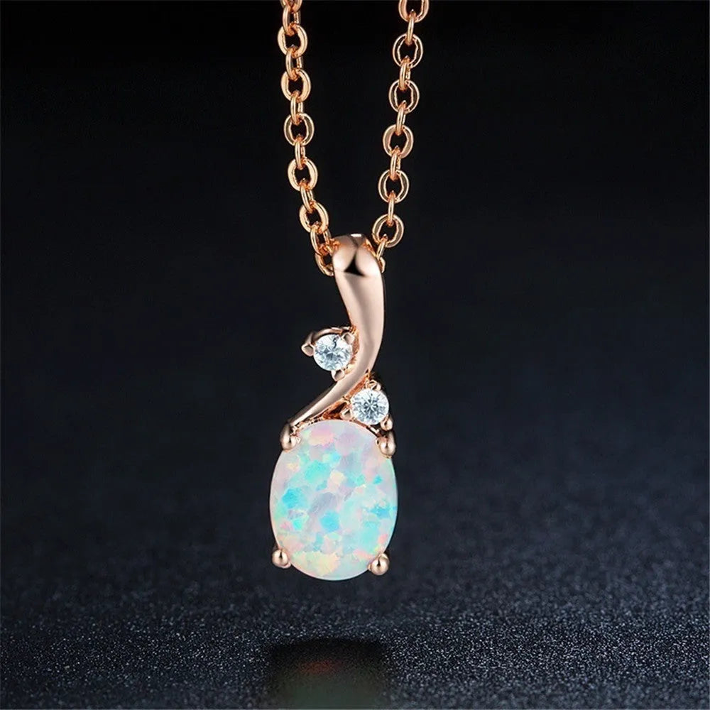 Adjustable water drop opal pendant necklace with alloy chain in rose gold or white finish
