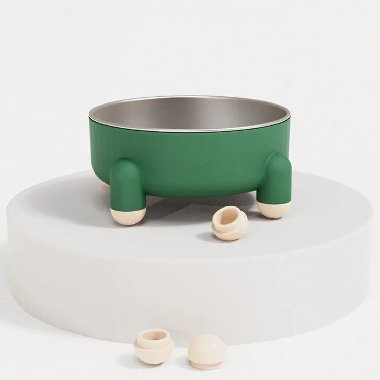 Green stainless steel pet bowl with non-slip base and raised feet for dogs and cats.