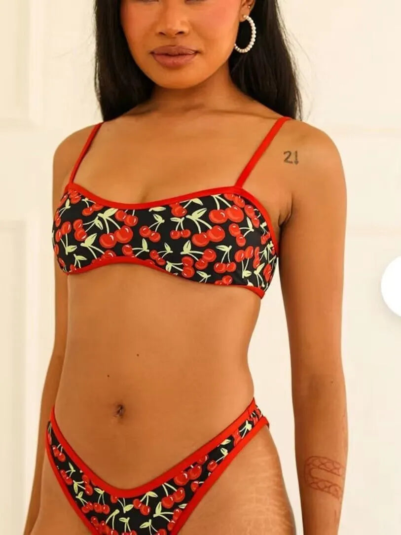 Cherry print polyester bikini swimsuit for women with tube top and brief-style bottoms