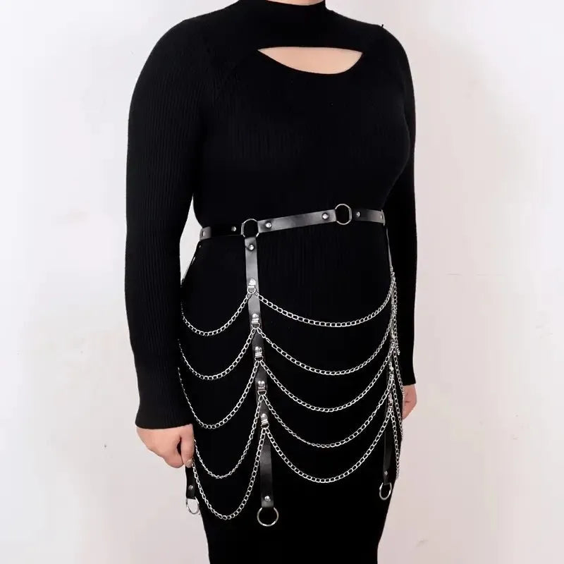 Black PU leather adjustable waist chain ornament for adult women.