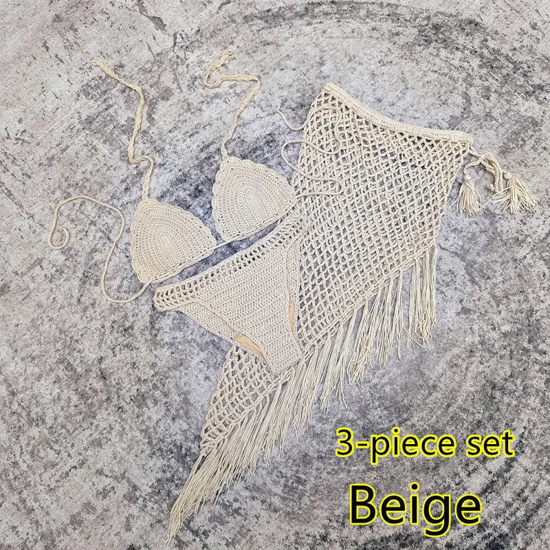Women's 3-piece handmade crochet bikini set with nylon lining in solid colour options for beach and swimming.