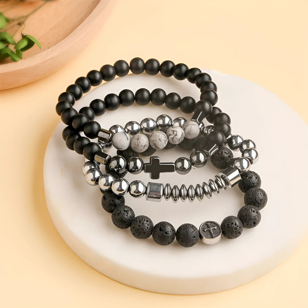 Geometric volcanic rock agate bracelet with stainless steel finish showing structured design