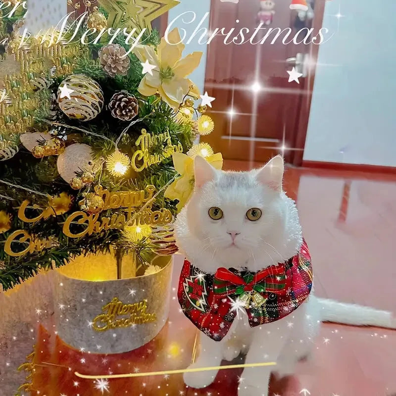 Christmas pet cloak scarf for cats and dogs with seasonal bell pattern in blue background