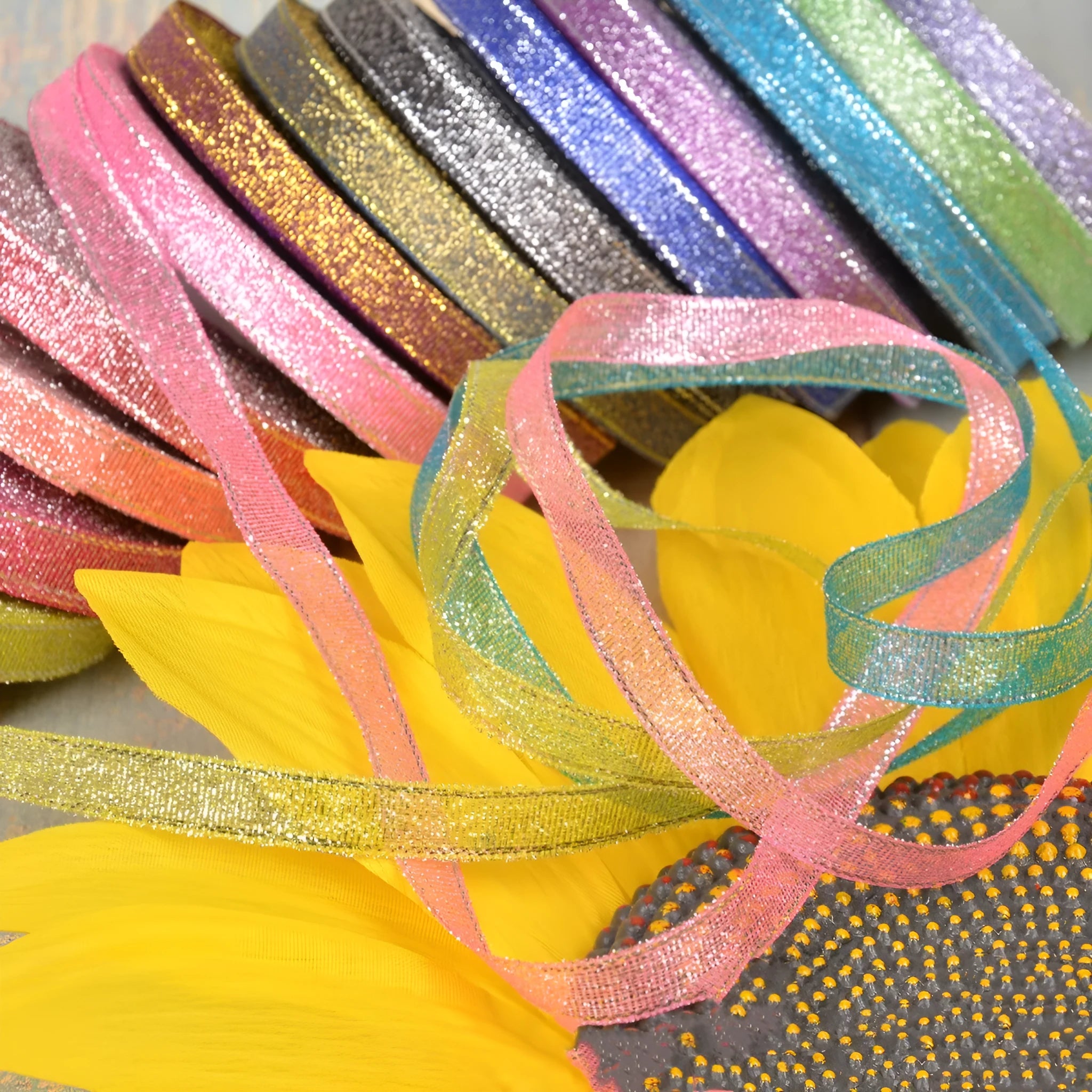 Green onion coloured polyester ribbon with gold polka dots on 25-yard spool for decorative trimming