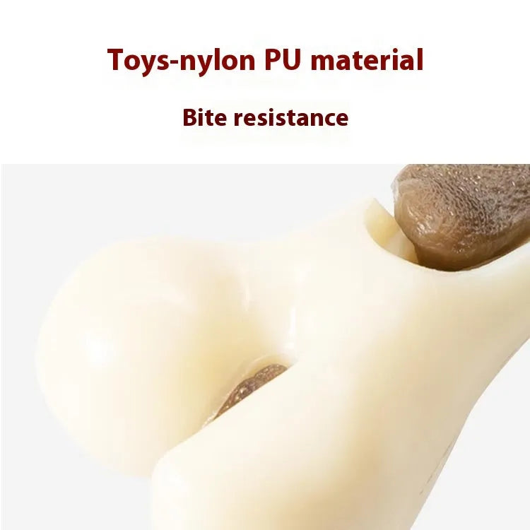 Durable bone-shaped dog chew toy made from brown cowhide and nylon in small and large sizes.