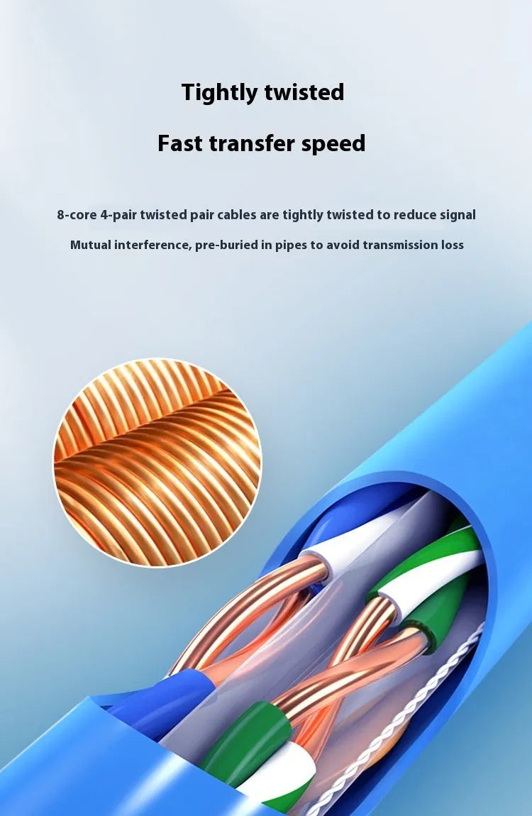 A 305-metre reel of blue Category 6 network cable with oxygen-free copper core, with cable end showing twisted pairs.