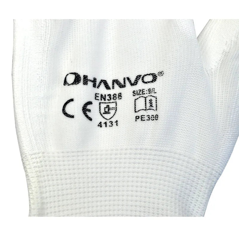 White PU coated work gloves showing flexible construction and polyurethane coating surface detail