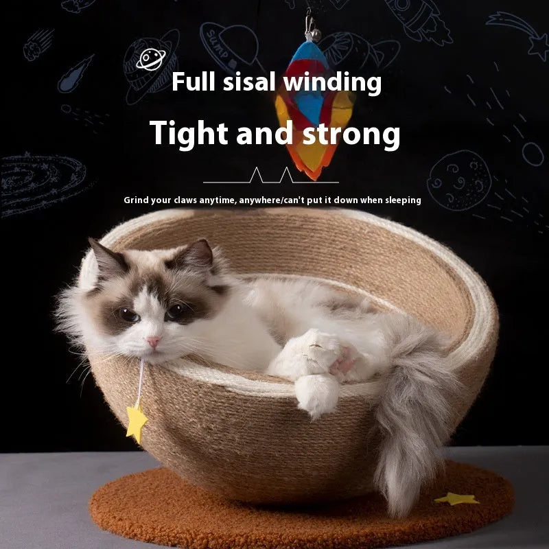 Large integrated cat scratching post and bed with sisal rope surface and flannel nest.