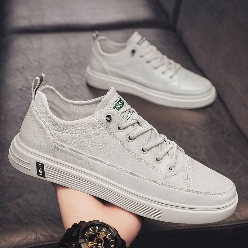 Men's white casual PU leather shoes with round toe and low flat heel, shown in beige, black, and white.