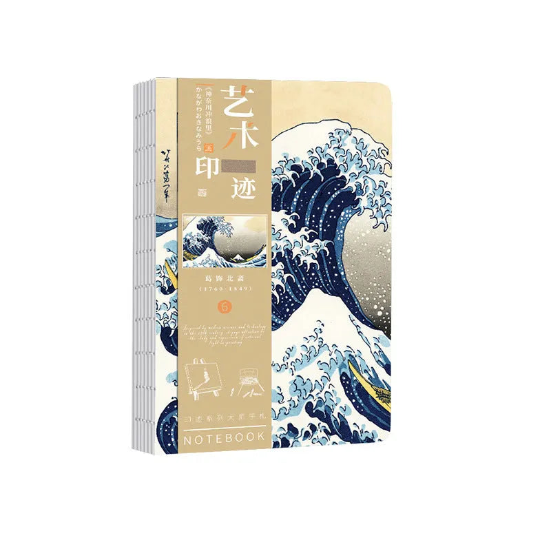 Ukiyo-e series hand ledger notebook with Japanese woodblock print cover, open on a table.