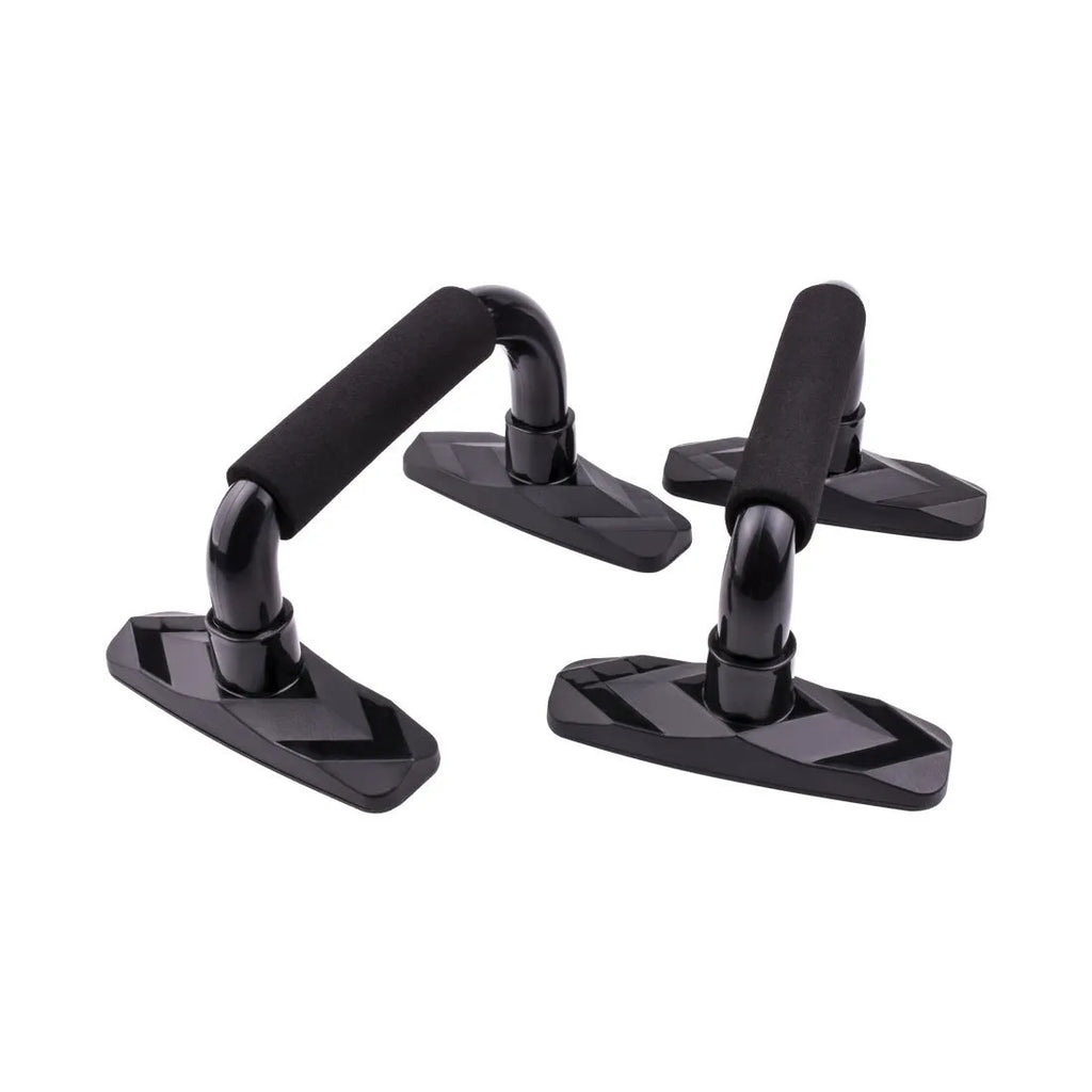 Two I-shaped push up bars made of blue PP sponge, placed on a floor for exercise.