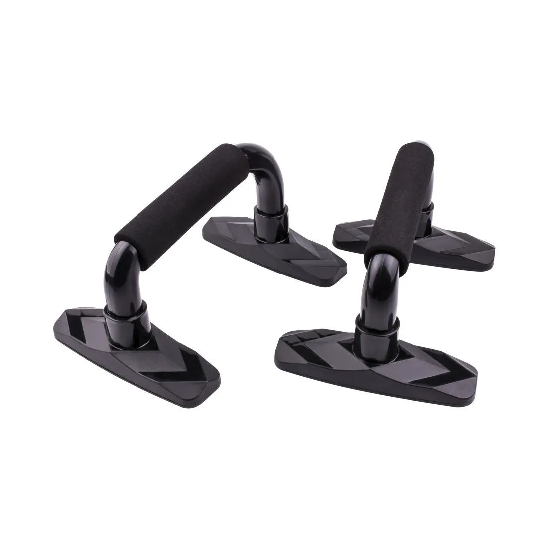 Two I-shaped push up bars made of blue PP sponge, placed on a floor for exercise.