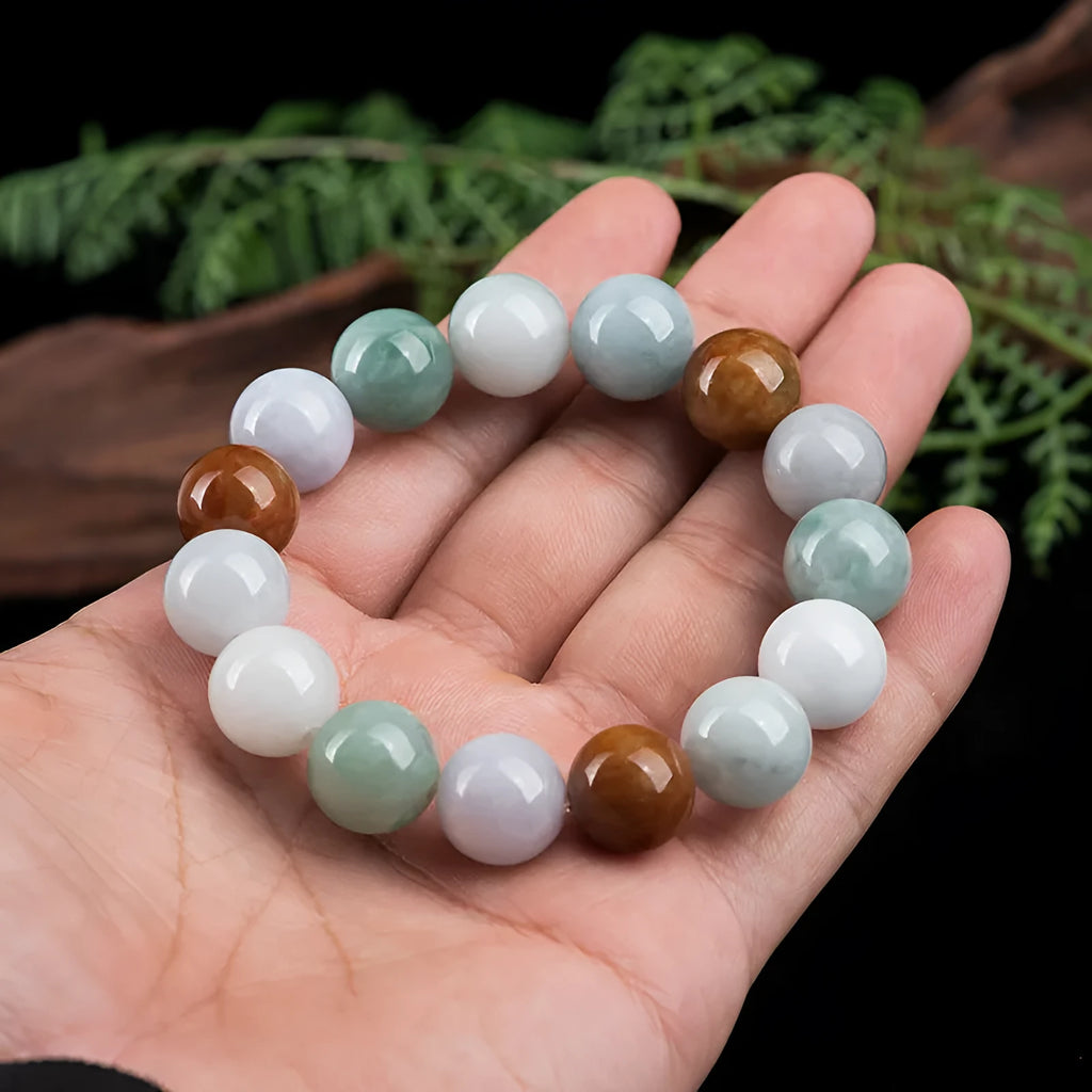 Women's Myanmar jade bracelet with three natural colours in 13mm round beads