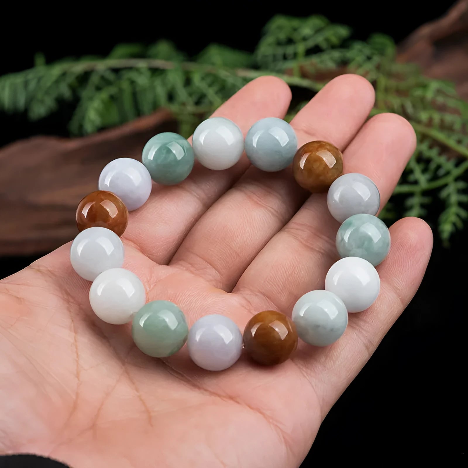 Women's Myanmar jade bracelet with three natural colours in 13mm round beads