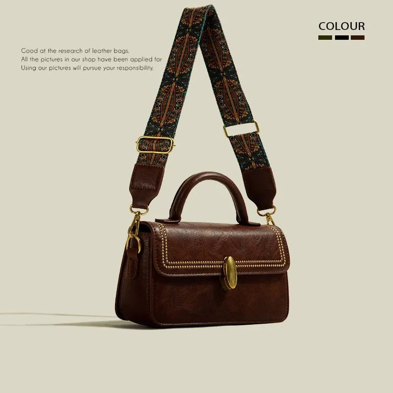Women's brown retro messenger bag showing square vertical shape and adjustable shoulder strap