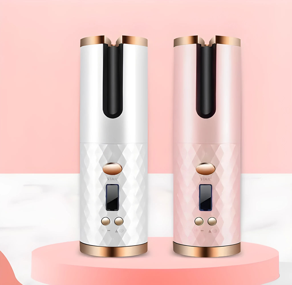 Portable white curling iron with a gold ceramic barrel, showing USB charging port and display with temperature settings.