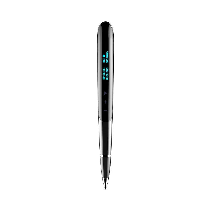 Black digital voice recorder pen with OLED display screen showing recording time, next to data cable and headphones