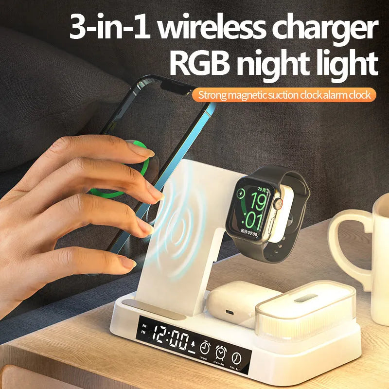 White 4-in-1 foldable wireless charging station showing phone on stand, Apple Watch dock, and glowing RGB night light.