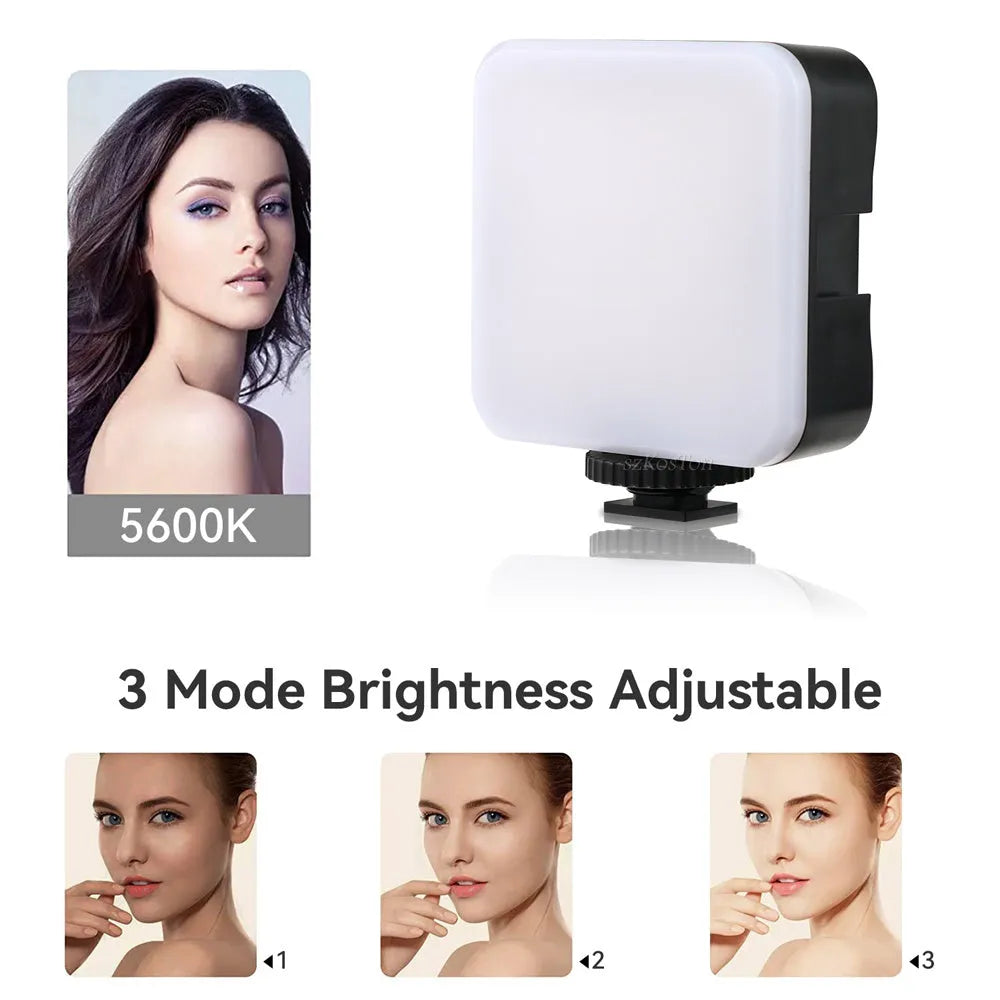 Compact square LED outdoor flash unit with mini tripod, showing rotatable head and scale indicating 7.3cm size.