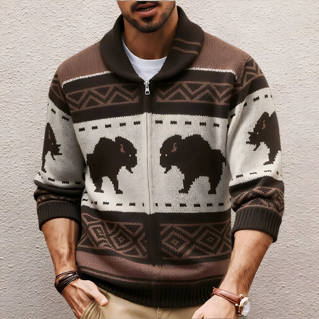 Men's brown retro jacquard knit thickened deer fleece cardigan with long sleeves