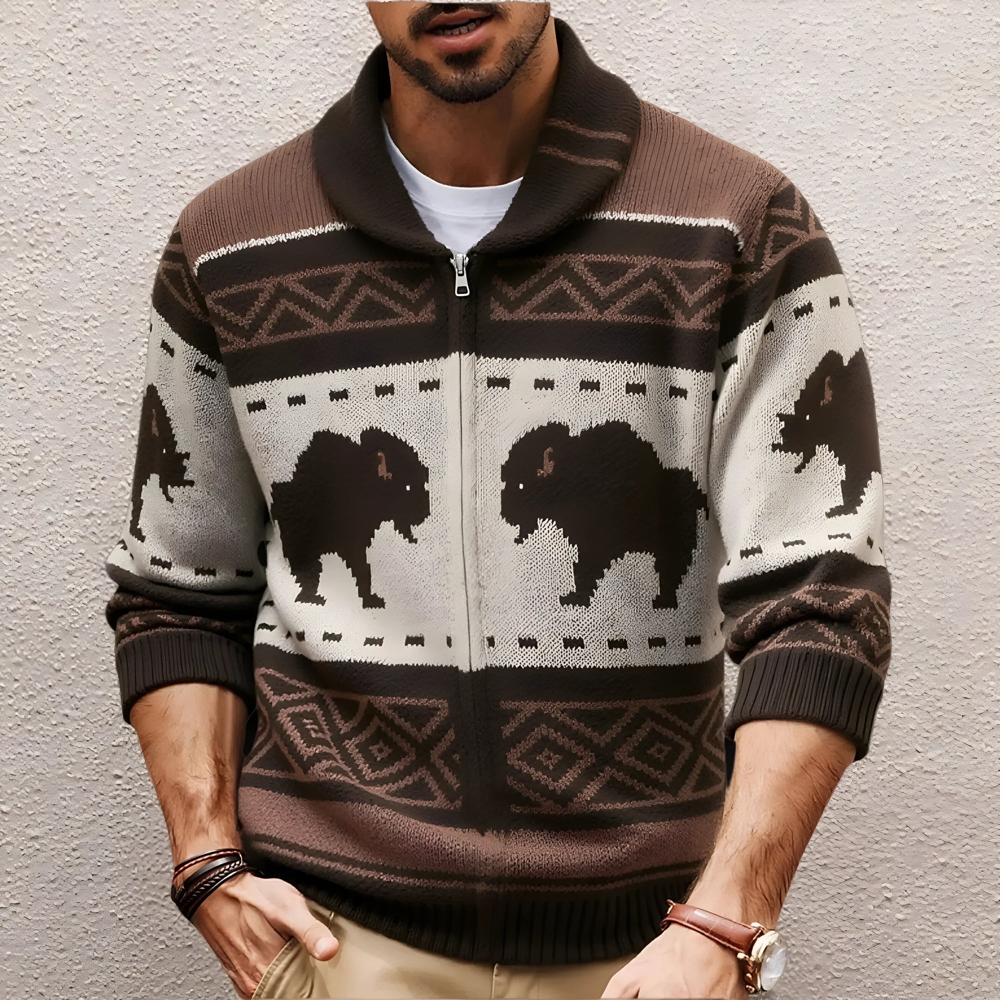 Men's brown retro jacquard knit thickened deer fleece cardigan with long sleeves