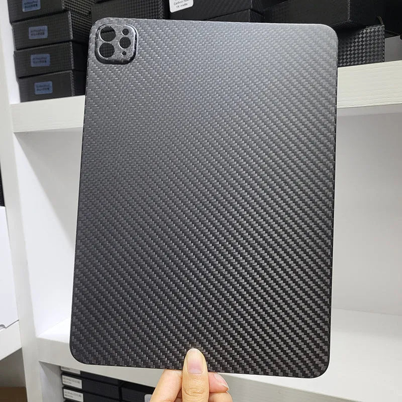 Hard carbon fibre protective case for iPad Pro 11 inch showing plaid pattern and one of three available finishes.