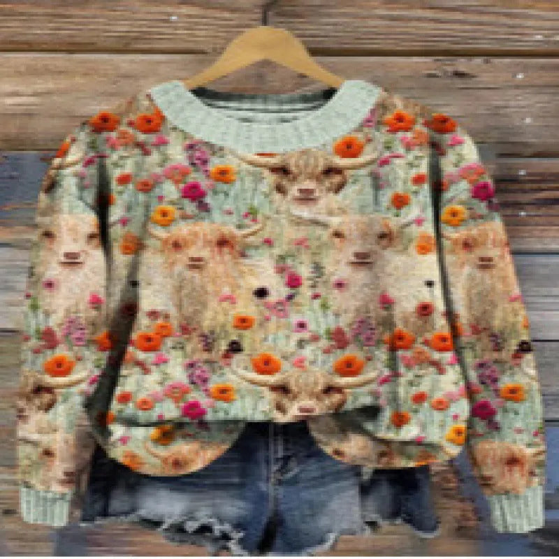Women's little flower digital printed round neck polyester sweater in floral pattern