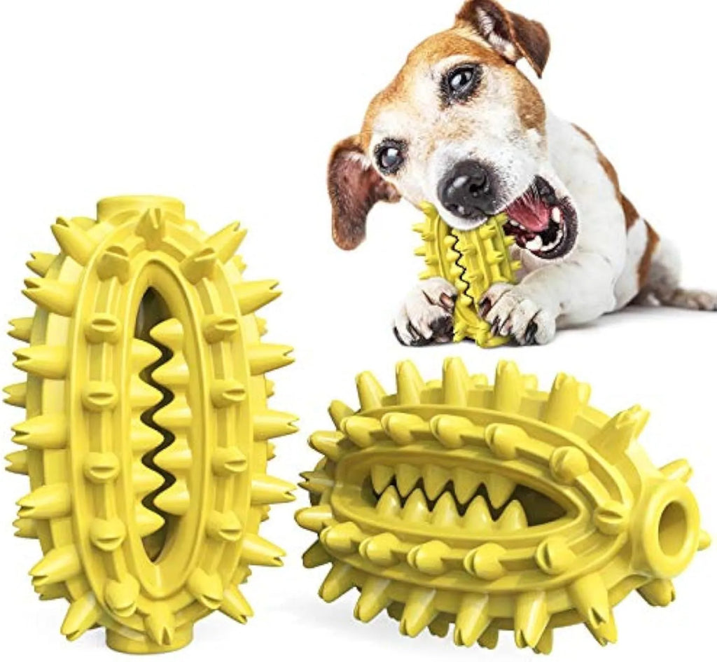 Green or yellow cactus-shaped dog chew toy for dental cleaning, made from durable rubber.