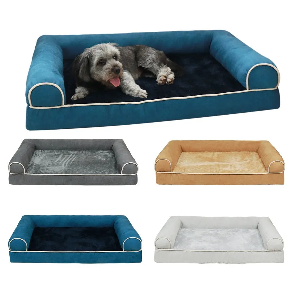 Square cloth dog bed with sponge filling shown in blue, available in multiple sizes for small to large dogs.